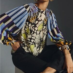 ANTHRO Bl^Nk London Sz SMALLMixed-Print Floral & Stripe Blouse in Blue and Cream
